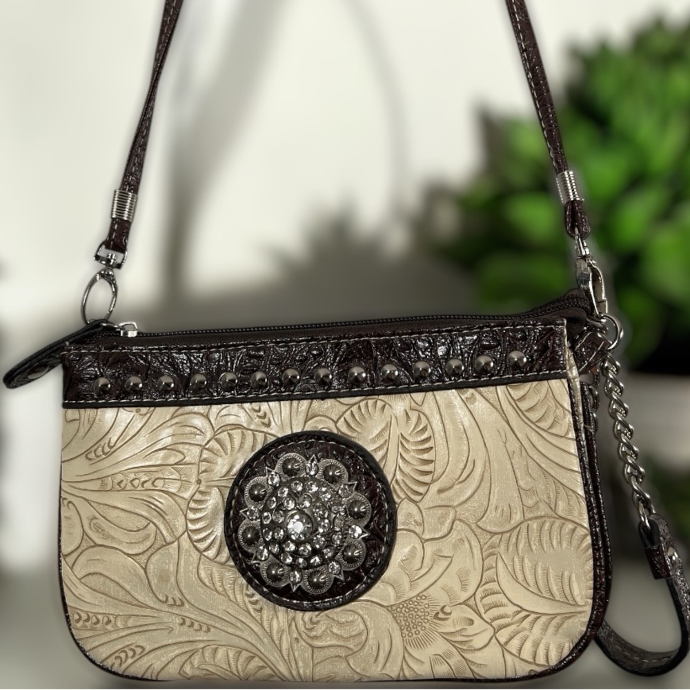 Savana Tan & Brown Tooled Vegan Leather Rhinestone Crossbody Purse Wallet New